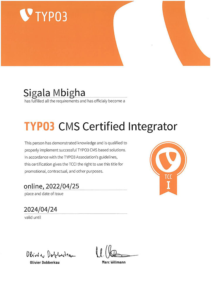 Sigala Mbigha - TYPO3 CMS Certified Integrator (TCCI)