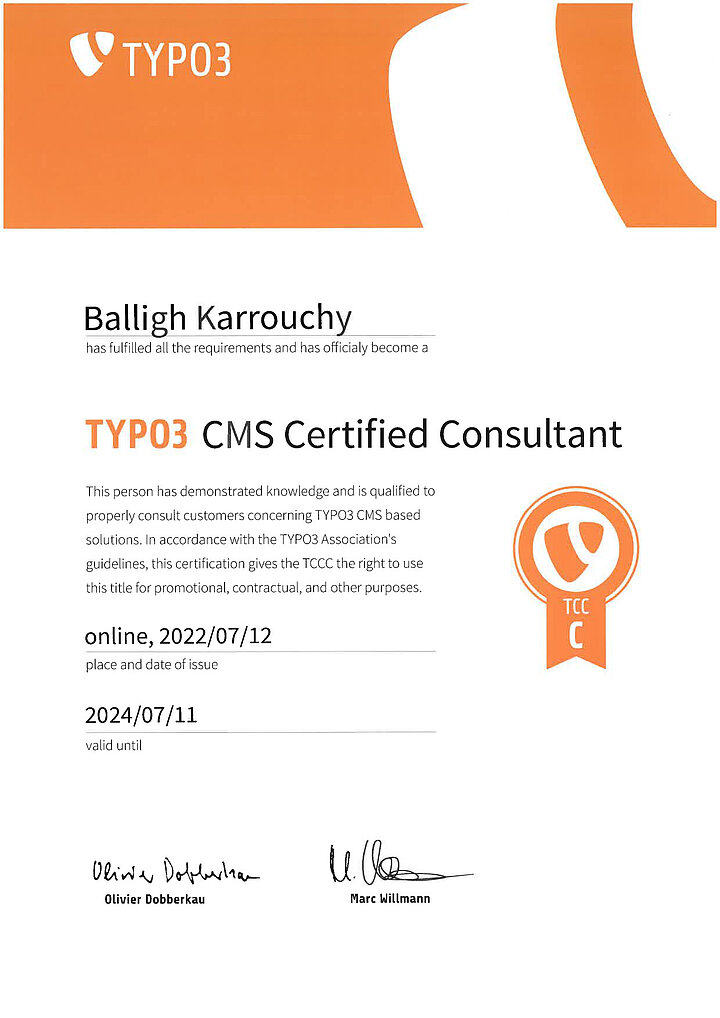 Balligh Karrouchy - TYPO3 CMS Certified Consultant (TCCC)