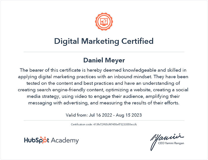 HubSpot Digital Marketing Certified Daniel Meyer