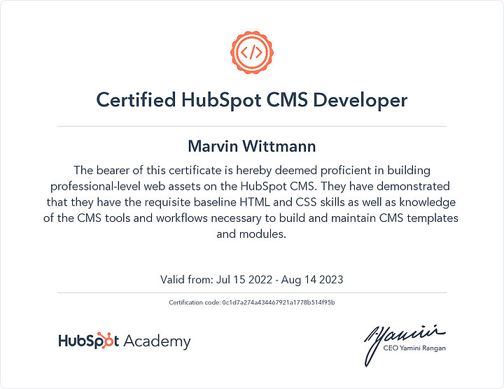 Certified HubSpot CMS Developer - Marvin Wittmann