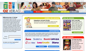 Website-Oberfläche mit buntem Logo, Navigation und Textinhalten auf weißem Hintergrund