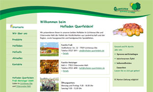 Website-Startseite mit grünem Design und Text über Hofladen Querfeldlein