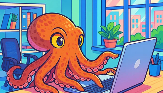 Illustration eines orangefarbenen Oktopus aus Cartoon-Material, der an einem Laptop in einem Büro sitzt