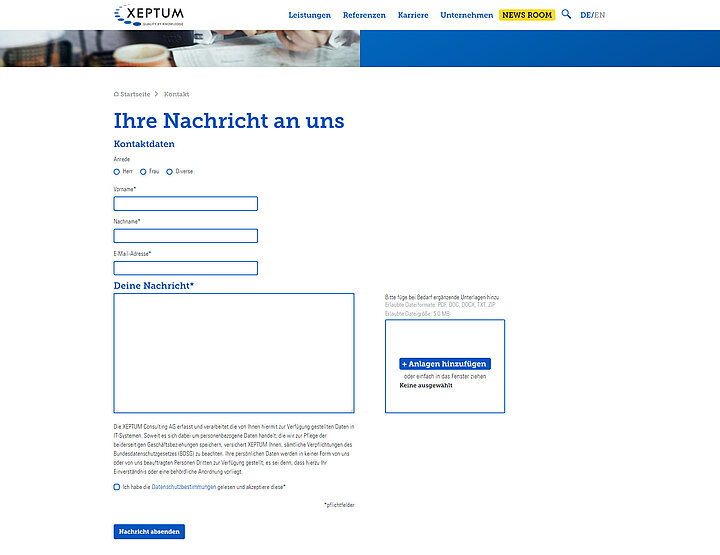 Das Kontaktformular bei XEPTUM