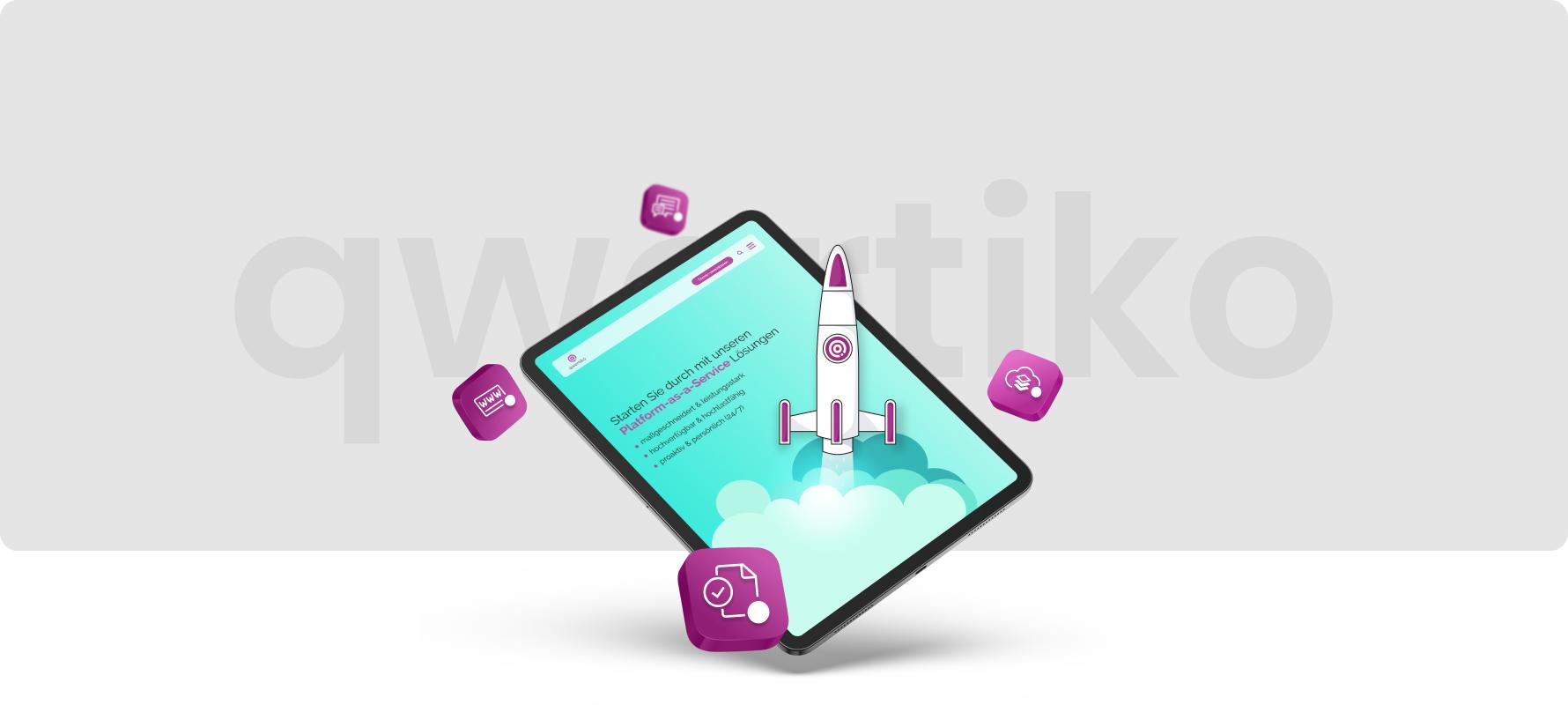 Tablet mit digitaler Rakete aus Kunststoff und lila Icons auf hellgrauem Hintergrund
