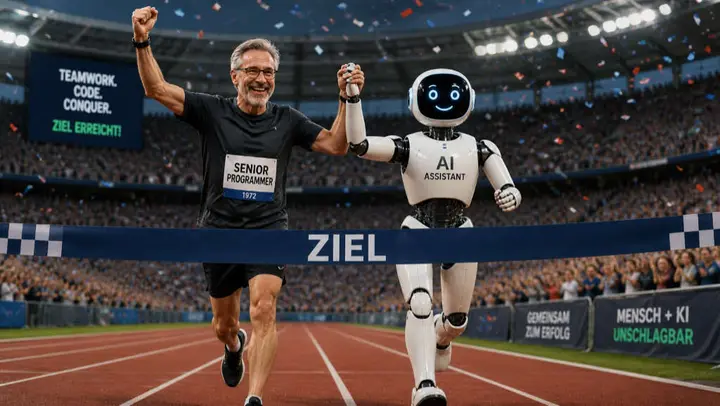 Mann und humanoider Roboter aus Kunststoff erreichen gemeinsam Ziellinie im Stadion