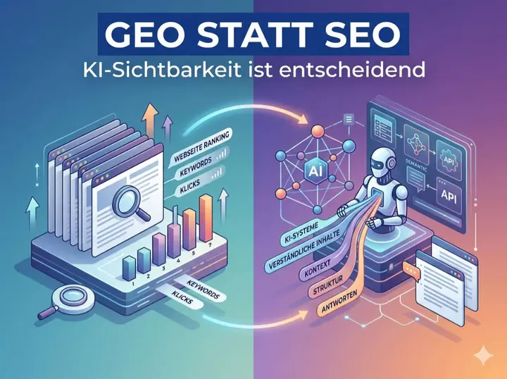 Illustration von Dokumenten und Diagrammen aus Papier mit Lupe und Roboter aus Metall vor Monitor in Blau und Lila