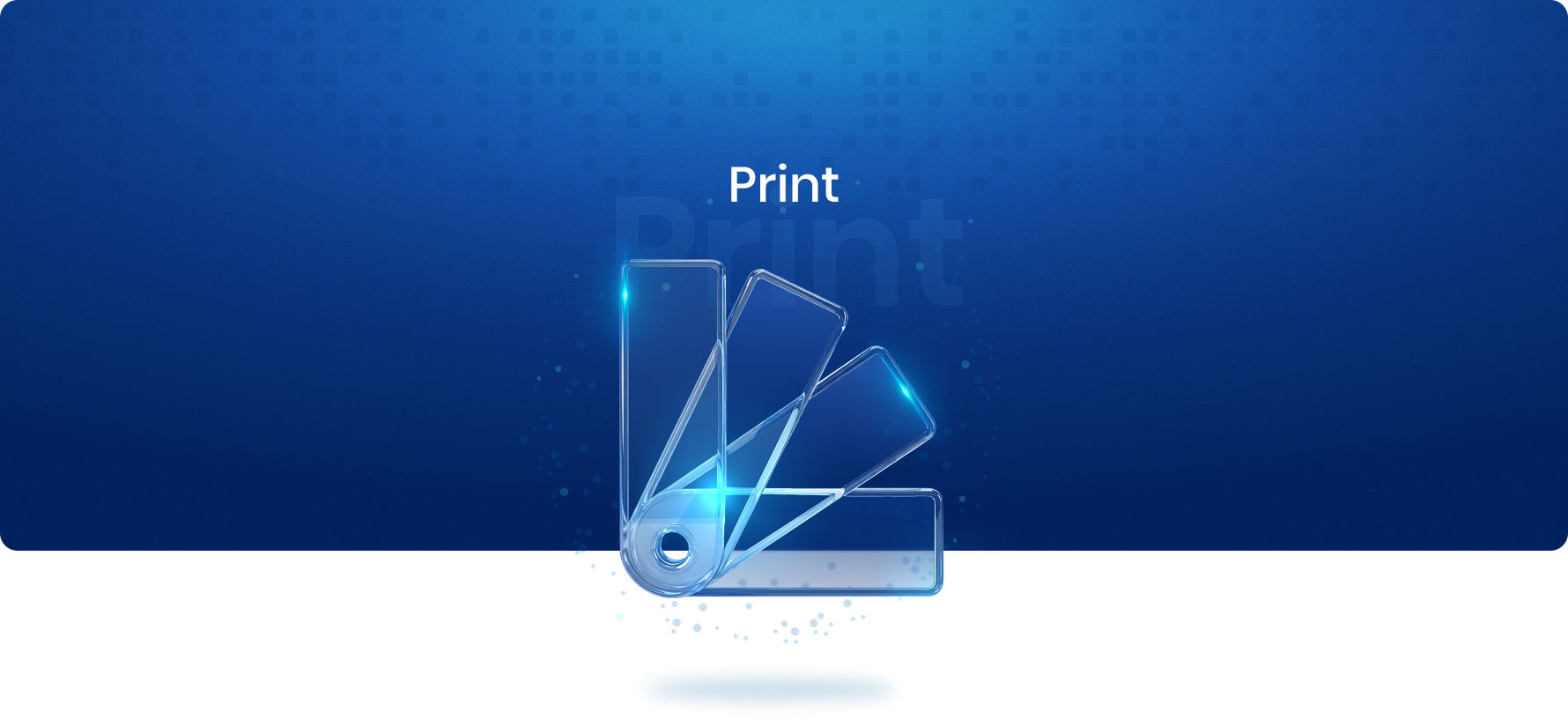 Transparente Kunststoffmusterfächer vor blauem Hintergrund mit dem Wort Print