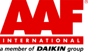 Logo von AAF International aus rotem Kunststoff mit schwarzer Schrift darunter