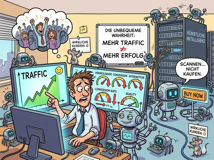 Mann am Schreibtisch mit Computern und Robotern aus Metall in buntem Büro mit Server und Diagrammen