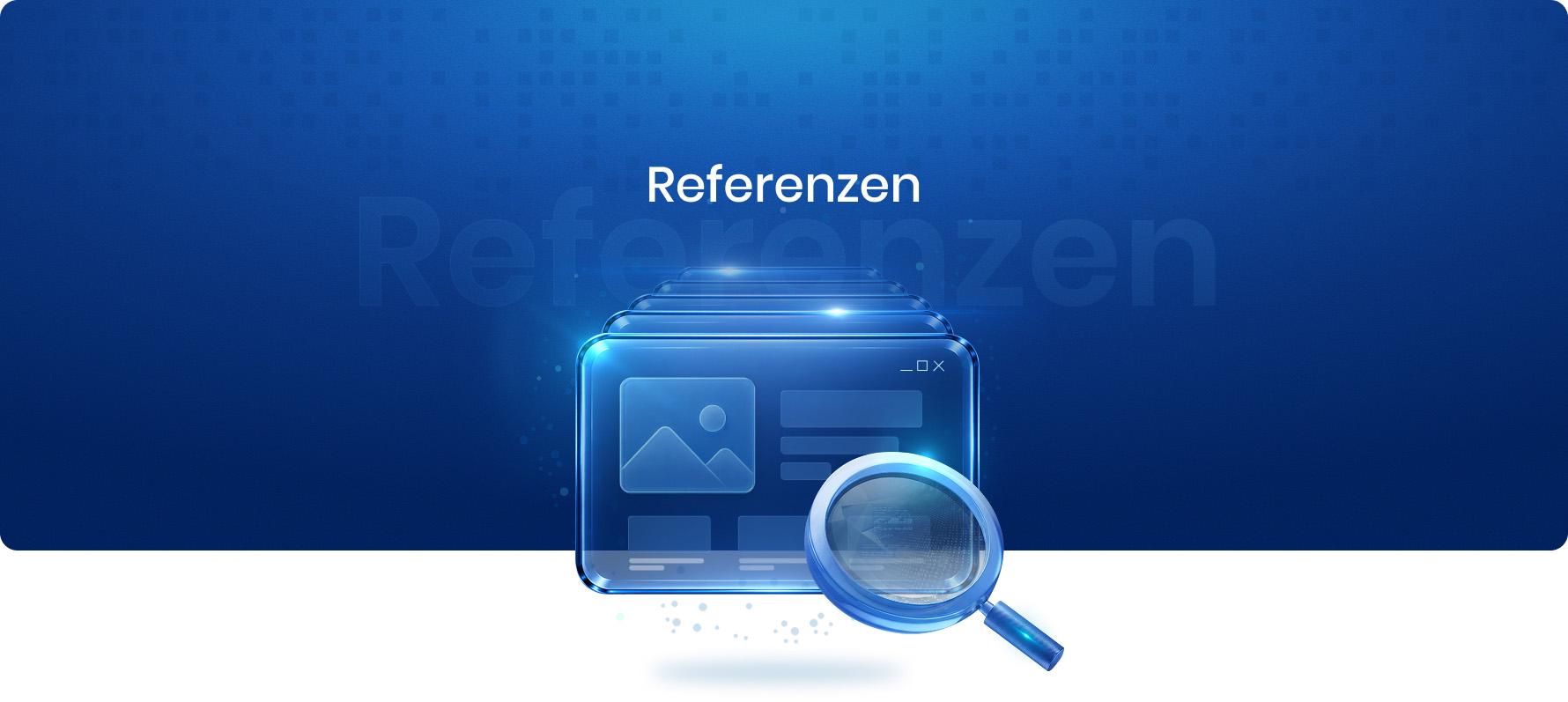 Mehrere digitale Fenster aus Glas mit Lupe aus Kunststoff in blau