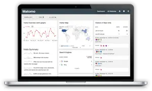 Laptop mit Matomo Analytics Dashboard, Aluminiumgehäuse, silberfarben