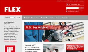 FLEX Webseite mit Werkzeugen aus Metall und Kunststoff in Rot und Grau