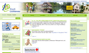 Website der Stadt Lichtenau mit Logo, Navigation und Bildern von Gebäuden und Menschen, farbig