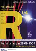 Plakat mit großem gelbem Buchstaben R aus Papier, violettem Hintergrund und weißem Lichtstrahl