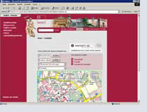 Screenshot einer Webseite mit Stadtplan, Suchfeld und rotem Hintergrund